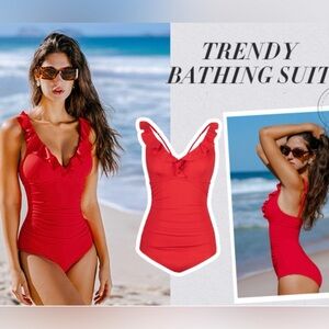 Cupshe Slim & Sculpt Bold Red One-Piece Swimsuit with Ruffle Trim SZ Large